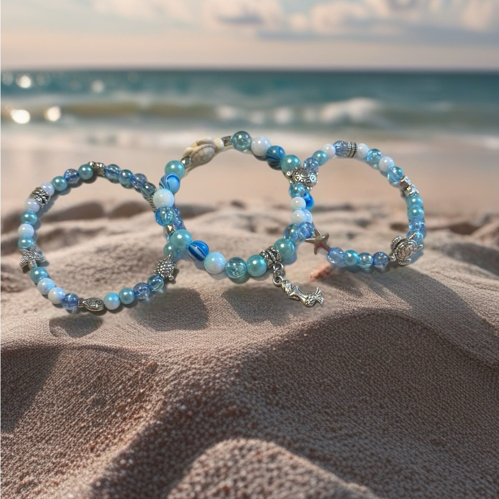 Beach-Themed Blue and Silver Bracelet Set